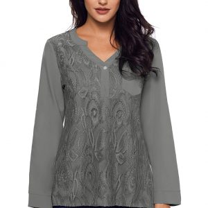 Gray Lace Panel Split Neck Roll Tab Sleeve Blouse Material : 95%polyester+5%spandex Size:(US 8-10)M